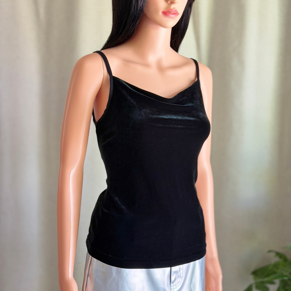 Vtg 90s DKNY Black Velvet‎ Cowl Neck Camisole Spaghetti Strap Top Goth Grunge S